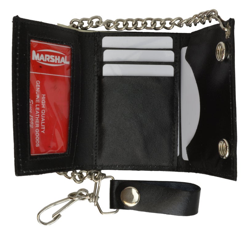 Marshal BLACK GENUINE LEATHER Trifold Biker's Wallet ID Card Holder w/Chain Skull - Image 1